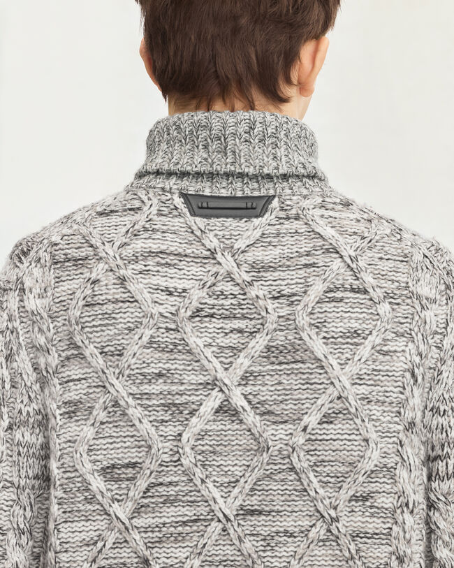 Marl Cables Turtleneck with Leather Detail, Ecru & Noir, hi-res