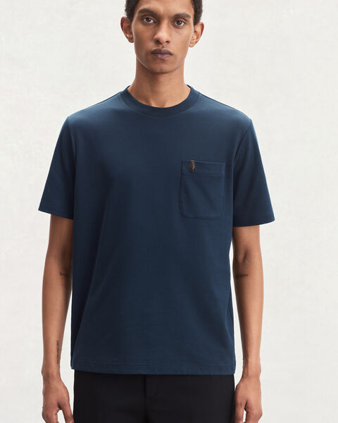 Pocket T-shirt with Leather Detail, Marine, hi-res