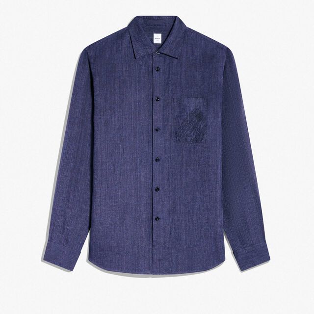 Linen Shirt With Scritto Pocket, INDIGO, hi-res 1