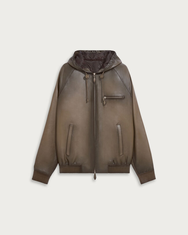 Leather Patina Un Jour Hooded Blouson, Dark Sepia, hi-res