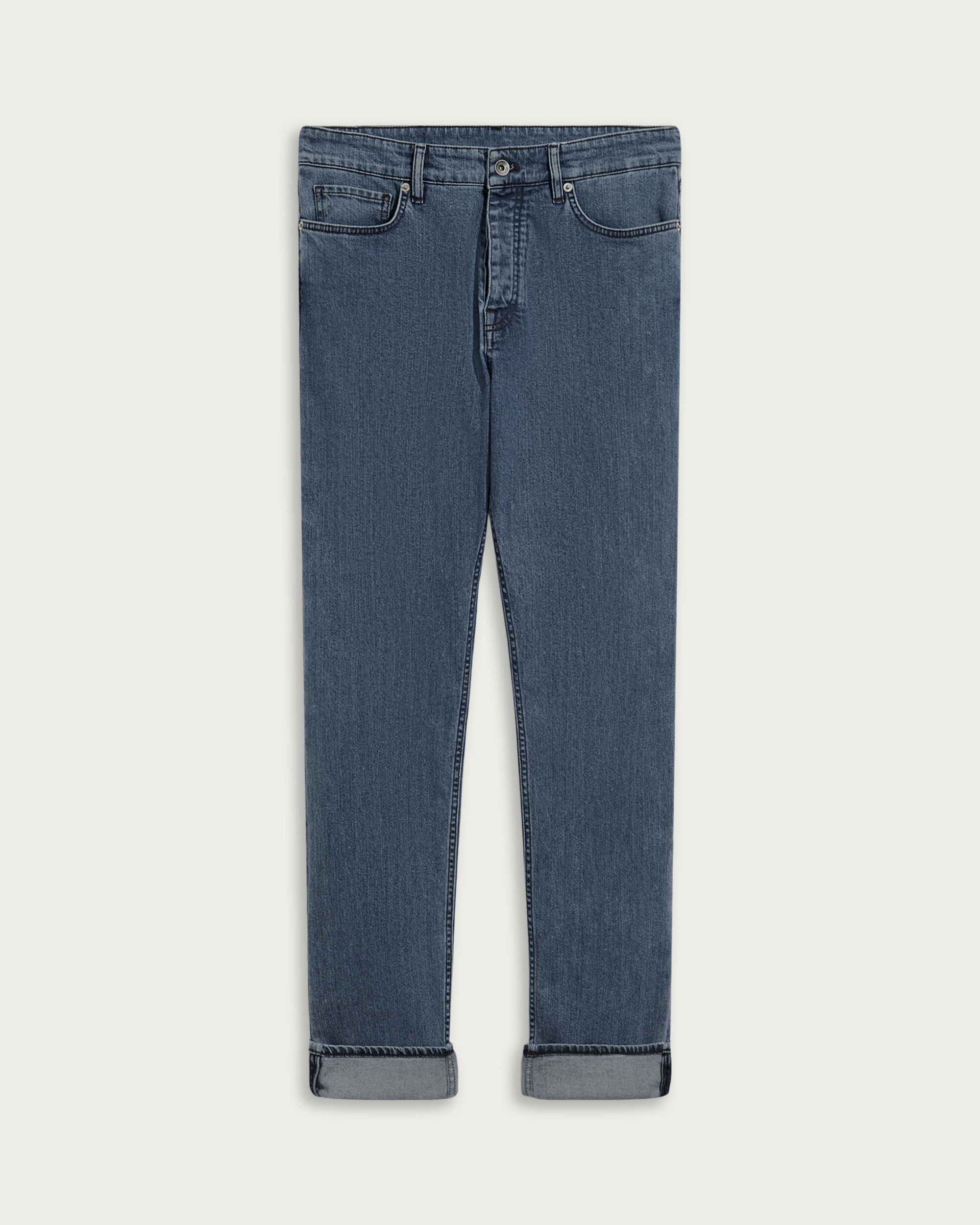 Straight Denim Pants with Leather Detail, Washed Blue, hi-res