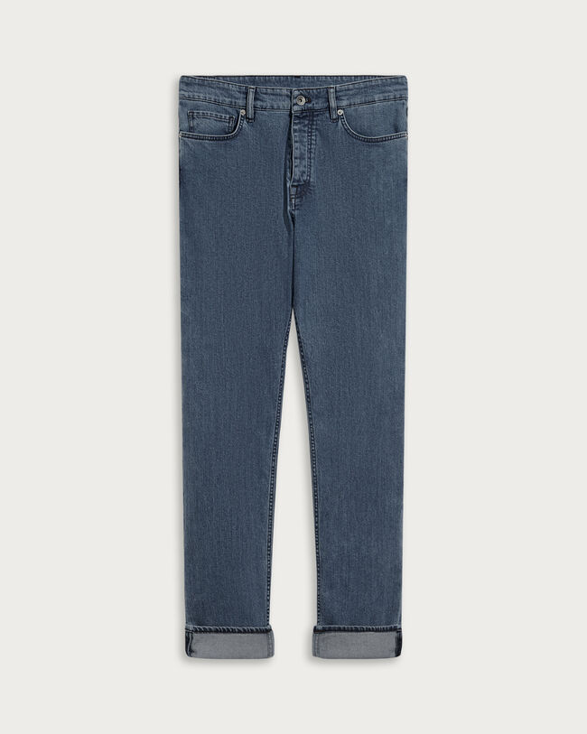 Straight Denim Pants with Leather Detail, Washed Blue, hi-res