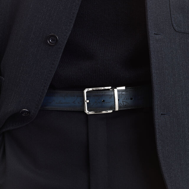 Versatile Scritto Embossed Leather 35 MM Belt, ABISSO+MARRONE INTENSO, hi-res 2