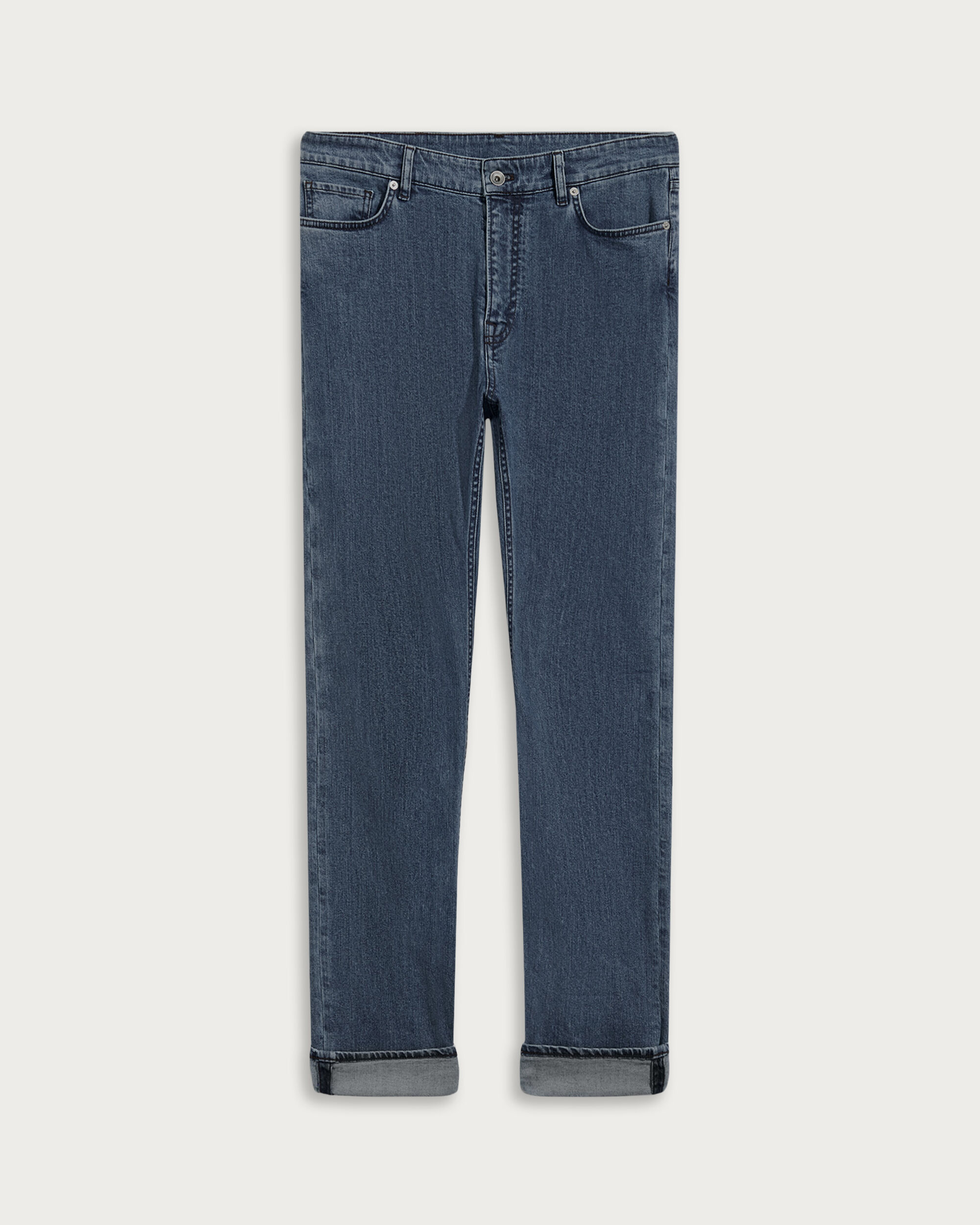 Slim Denim Pants with Leather Detail, Washed Blue, hi-res