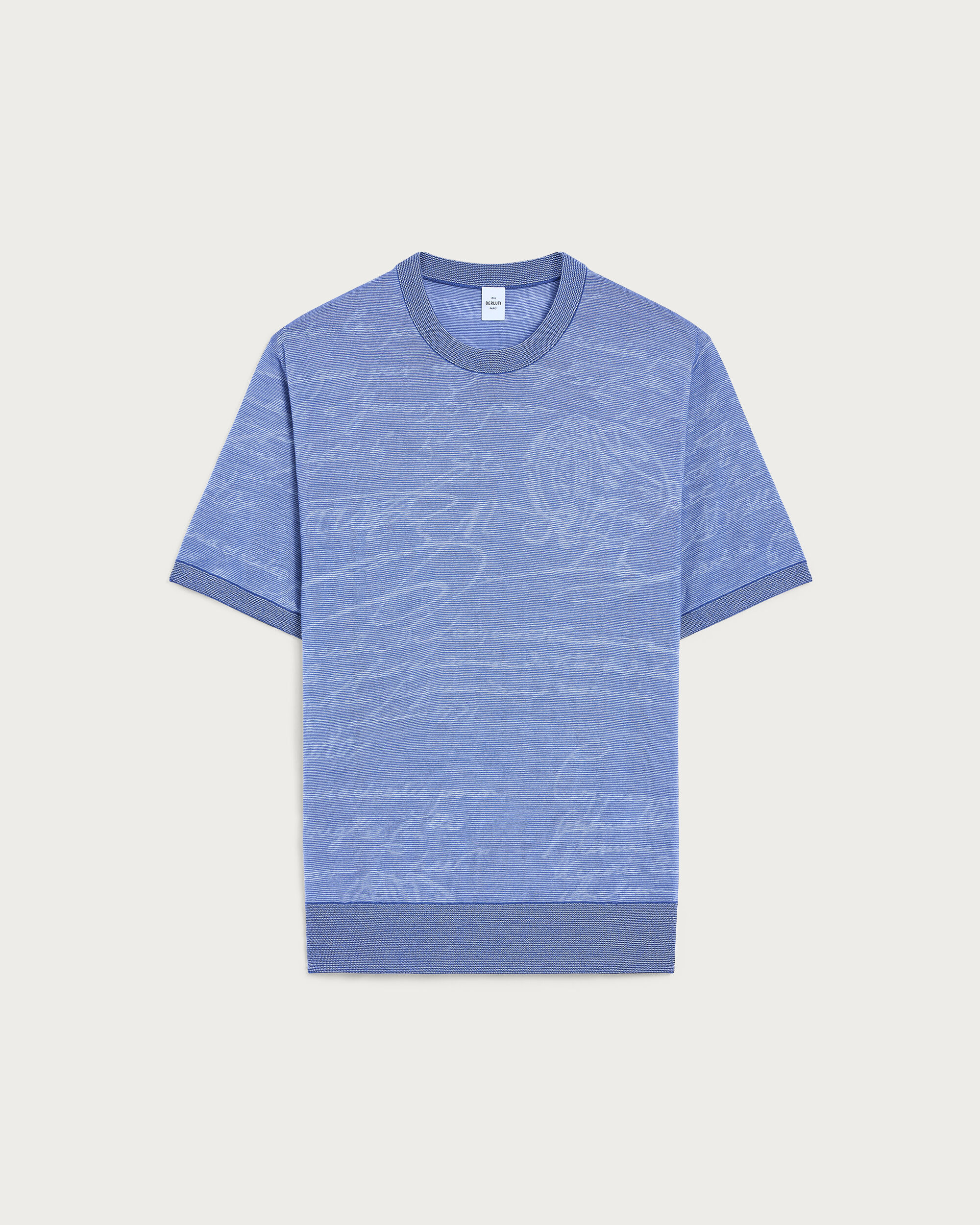 Light Scritto Pattern Short-Sleeves Crewneck, Helvetia Blue, hi-res