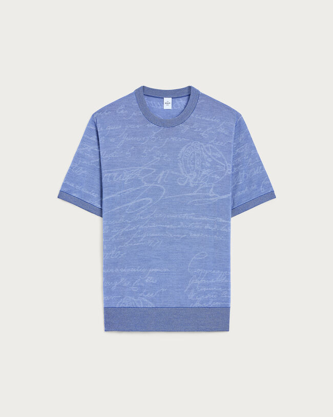 Light Scritto Pattern Short-Sleeves Crewneck, Helvetia Blue, hi-res