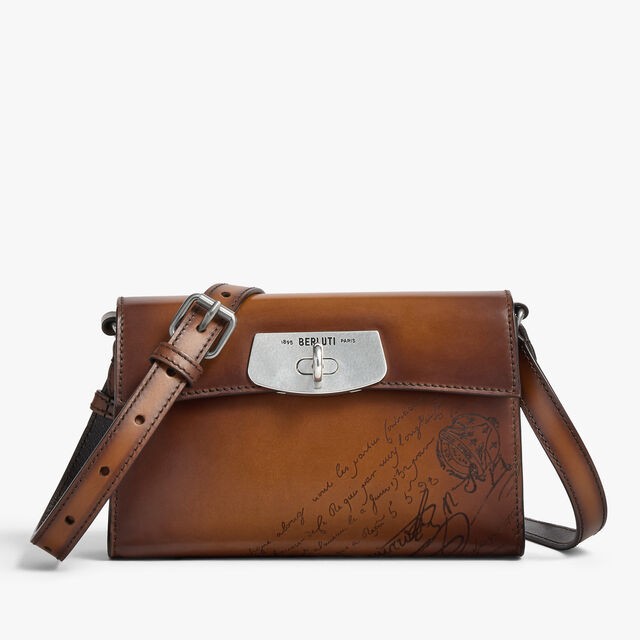 E'Mio Pouch On Strap In Scritto Leather, CACAO INTENSO, hi-res 1