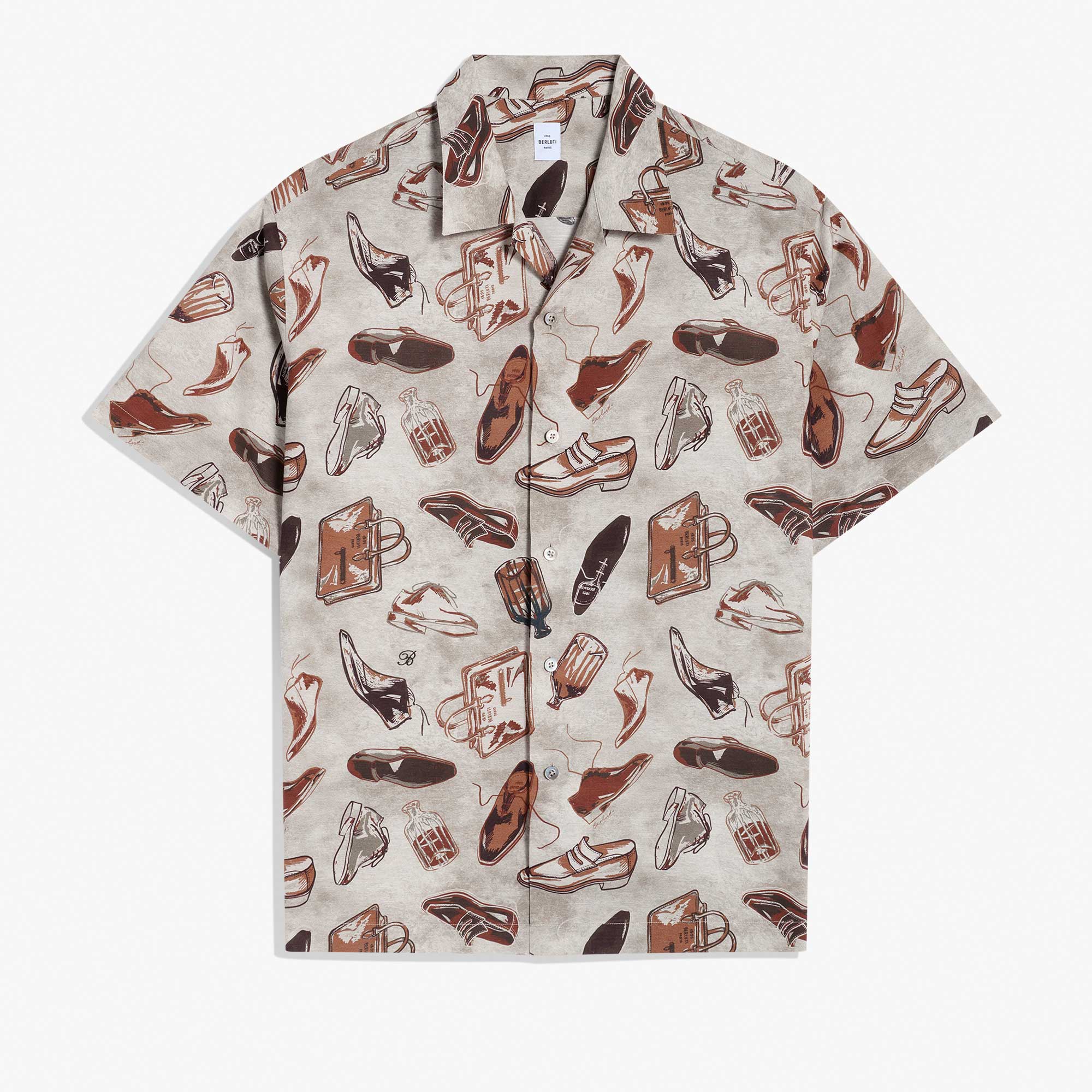 亚麻和棉质印花短袖衬衫, ICONIC SUMMER BROWN, hi-res