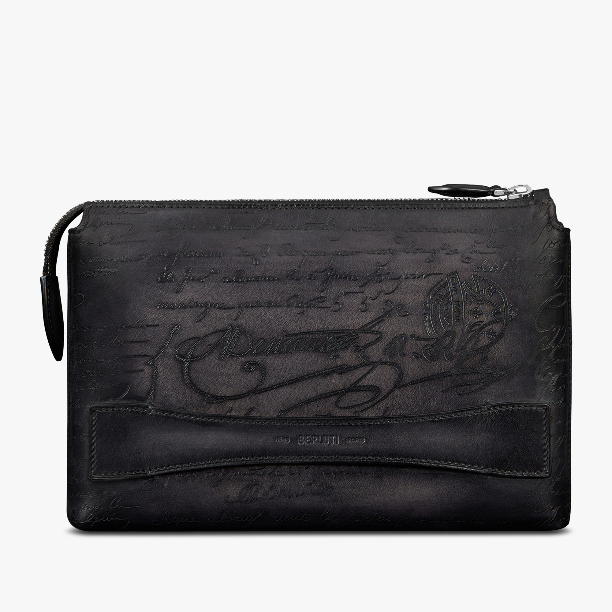 Pochette Zippée Tersio En Cuir Scritto, NERO GRIGIO, hi-res